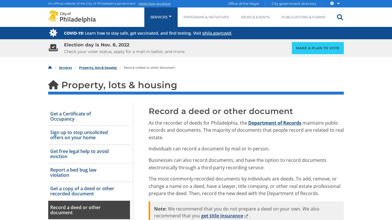 Record a deed or other document | Services | City of Philadelphia